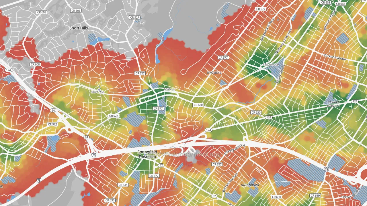 Walk Grade map of 07041, NJ, walkable areas in green and car-dependent areas in red