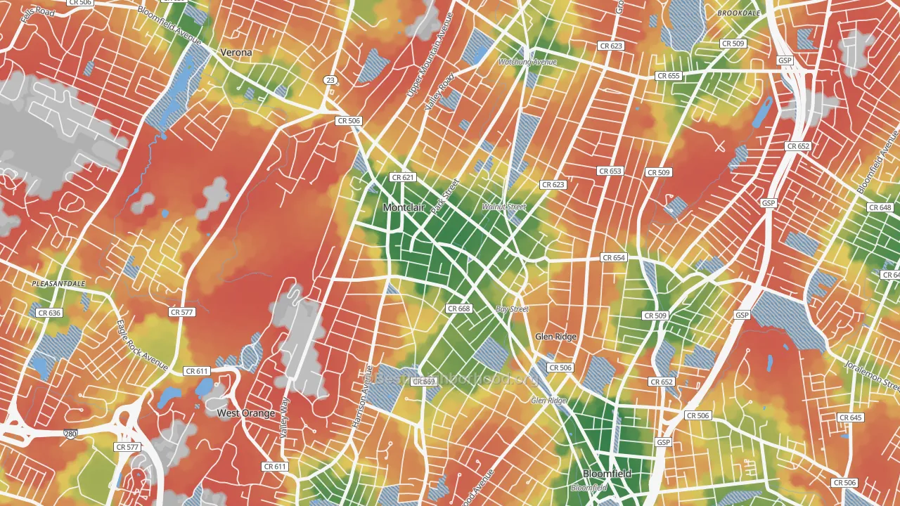 Walk Grade map of 07042, NJ, walkable areas in green and car-dependent areas in red