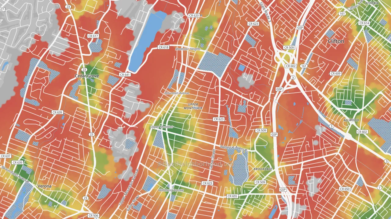 Walk Grade map of 07043, NJ, walkable areas in green and car-dependent areas in red