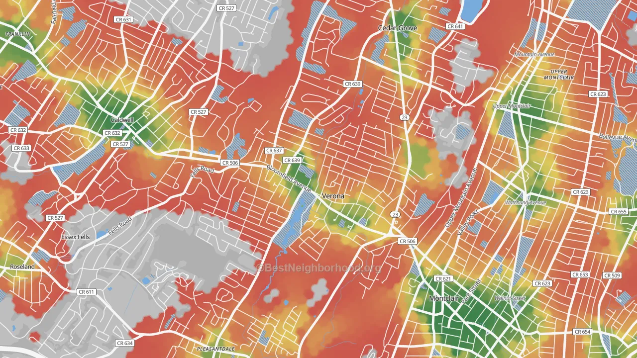 Walk Grade map of 07044, NJ, walkable areas in green and car-dependent areas in red