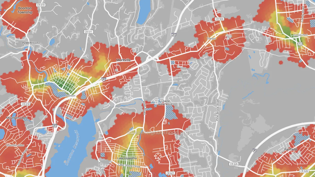 Walk Grade map of 07045, NJ, walkable areas in green and car-dependent areas in red