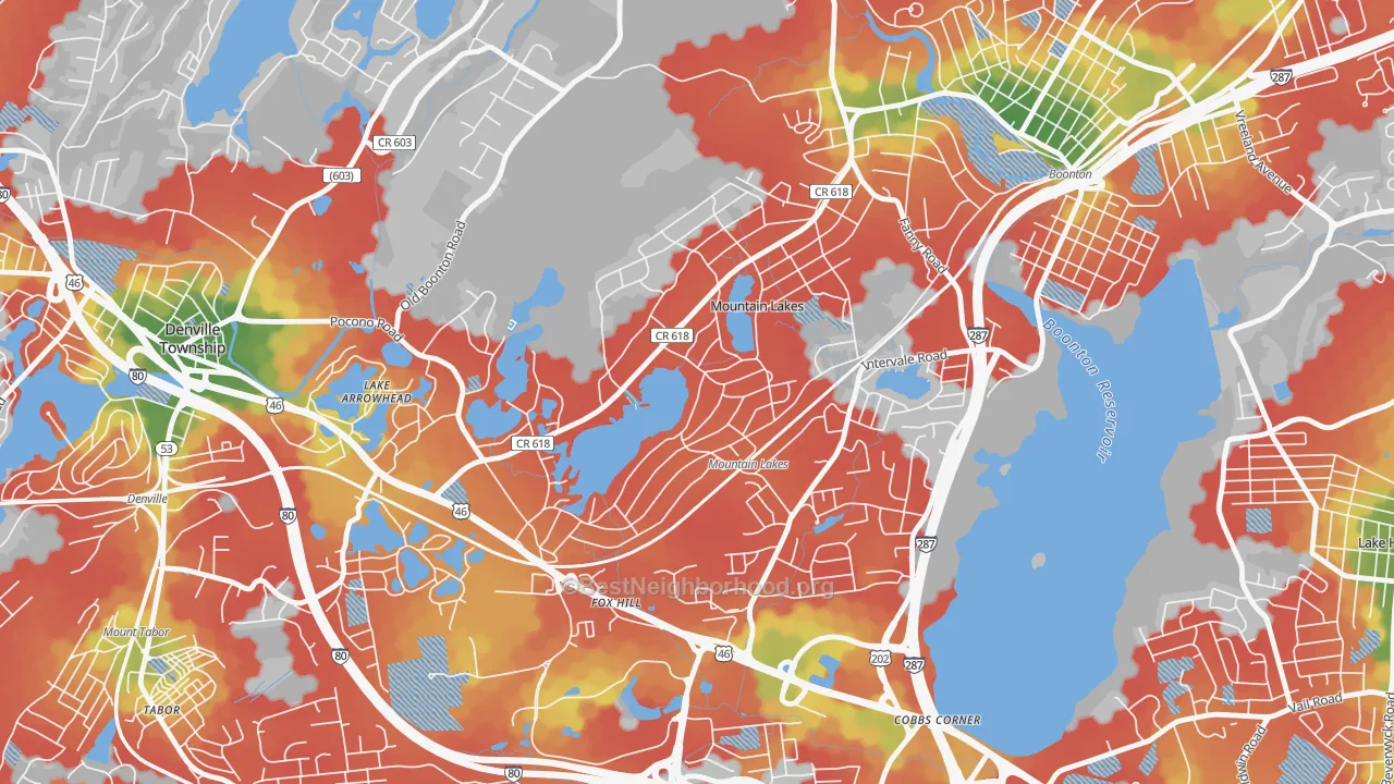 Walk Grade map of 07046, NJ, walkable areas in green and car-dependent areas in red