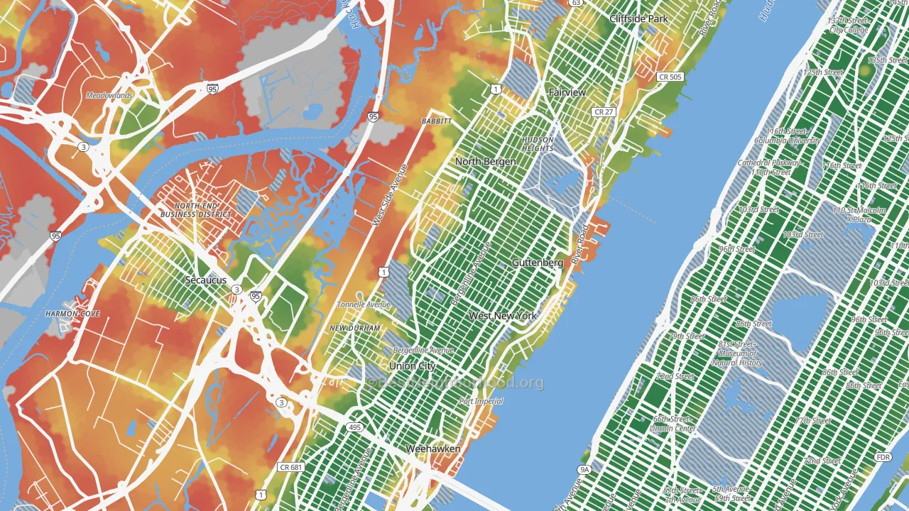 Walk Grade map of 07047, NJ, walkable areas in green and car-dependent areas in red