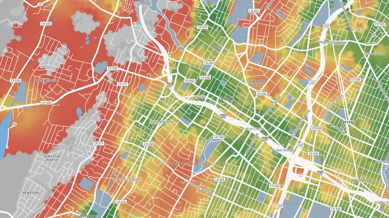 Walk Grade map of 07050, NJ, walkable areas in green and car-dependent areas in red