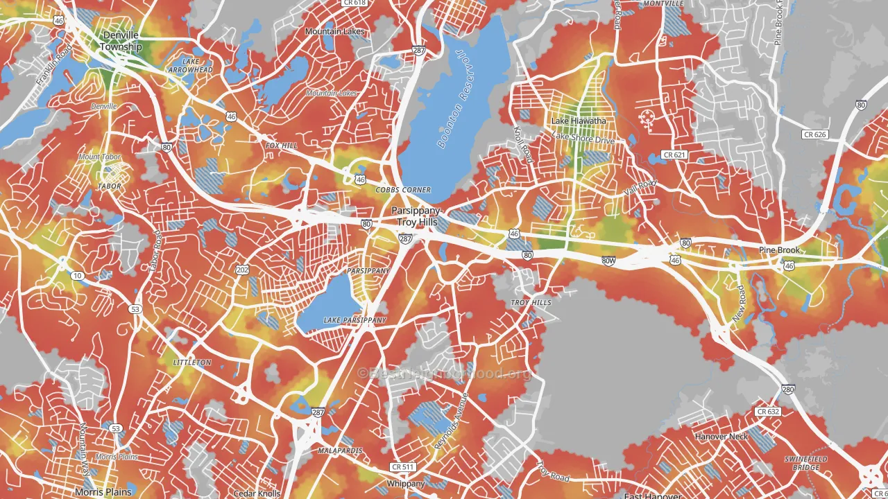Walk Grade map of 07054, NJ, walkable areas in green and car-dependent areas in red
