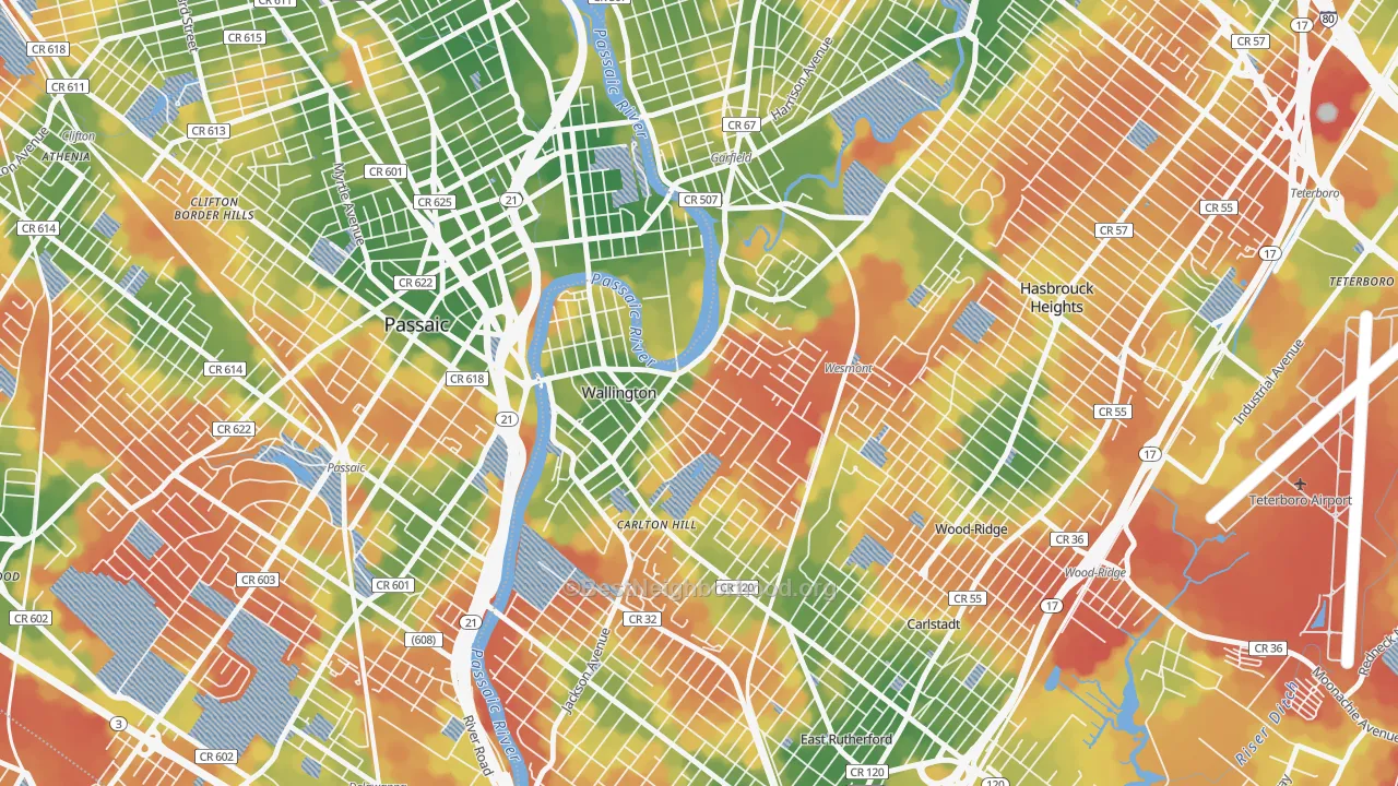 Walk Grade map of 07057, NJ, walkable areas in green and car-dependent areas in red