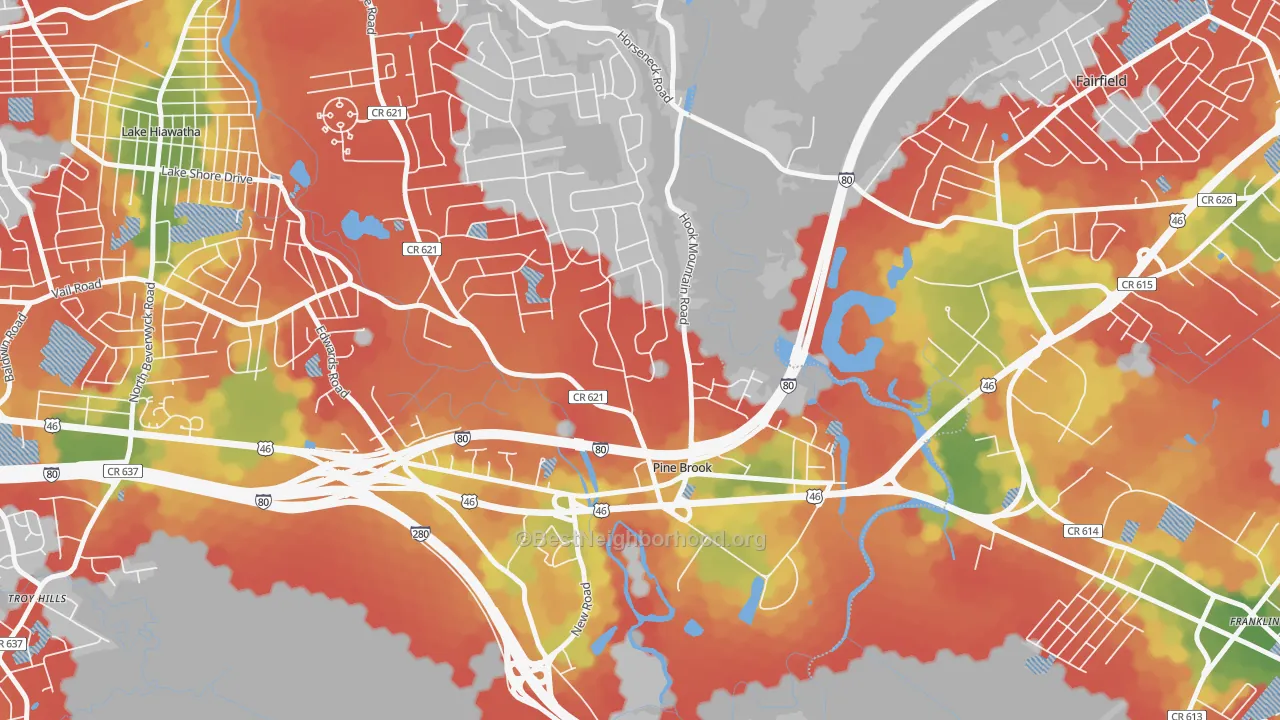 Walk Grade map of 07058, NJ, walkable areas in green and car-dependent areas in red