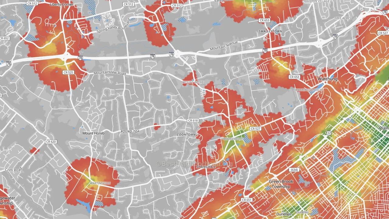 Walk Grade map of 07059, NJ, walkable areas in green and car-dependent areas in red