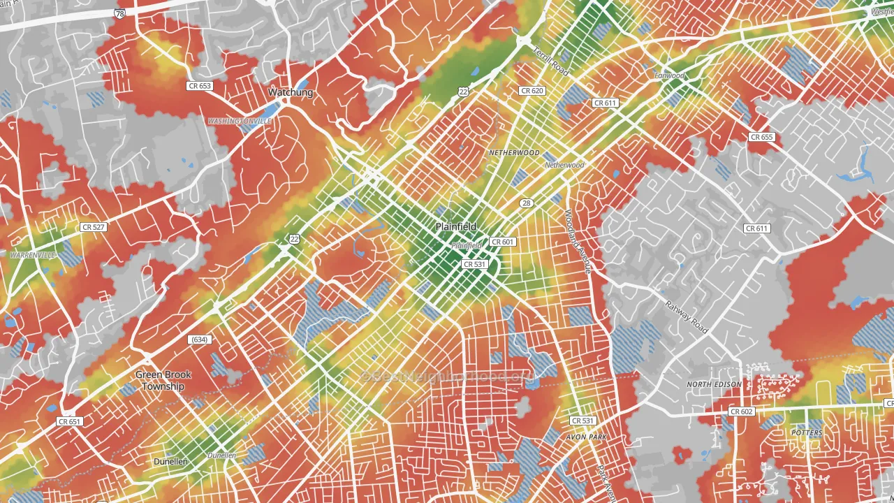 Walk Grade map of 07060, NJ, walkable areas in green and car-dependent areas in red
