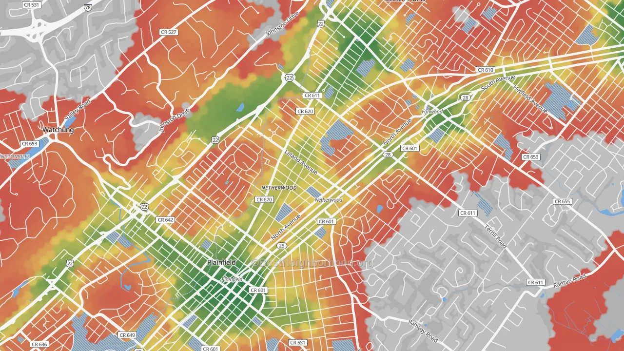 Walk Grade map of 07062, NJ, walkable areas in green and car-dependent areas in red
