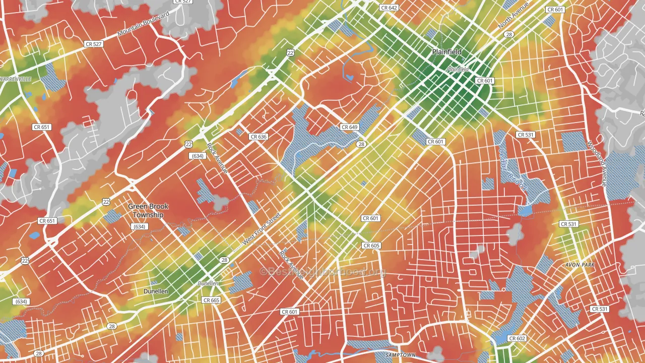 Walk Grade map of 07063, NJ, walkable areas in green and car-dependent areas in red