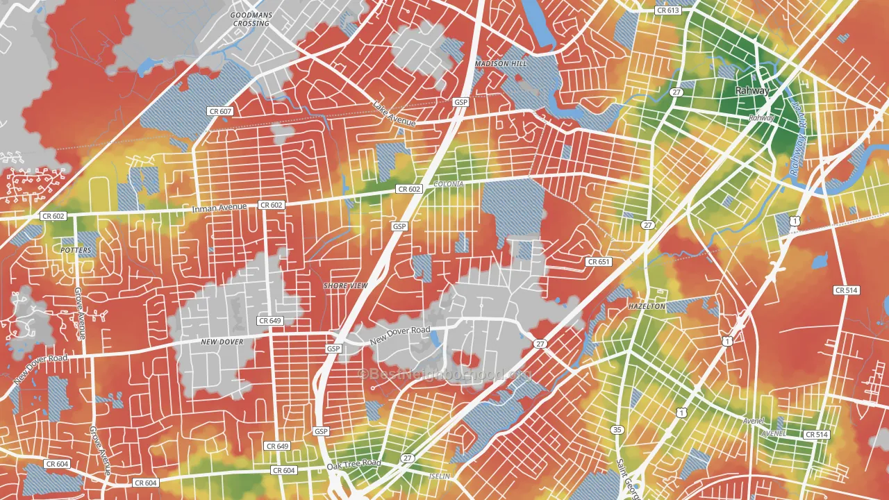 Walk Grade map of 07067, NJ, walkable areas in green and car-dependent areas in red