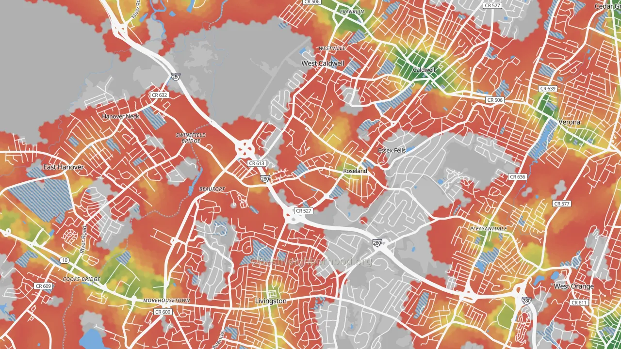 Walk Grade map of 07068, NJ, walkable areas in green and car-dependent areas in red