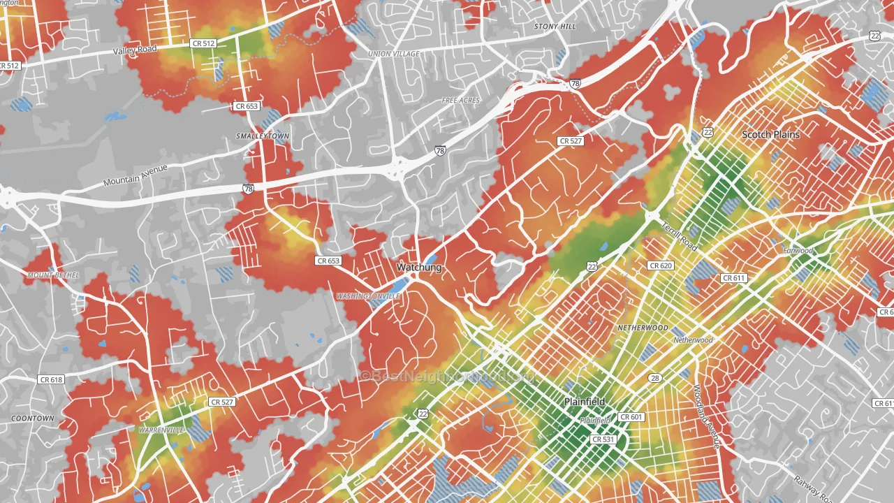 Walk Grade map of 07069, NJ, walkable areas in green and car-dependent areas in red