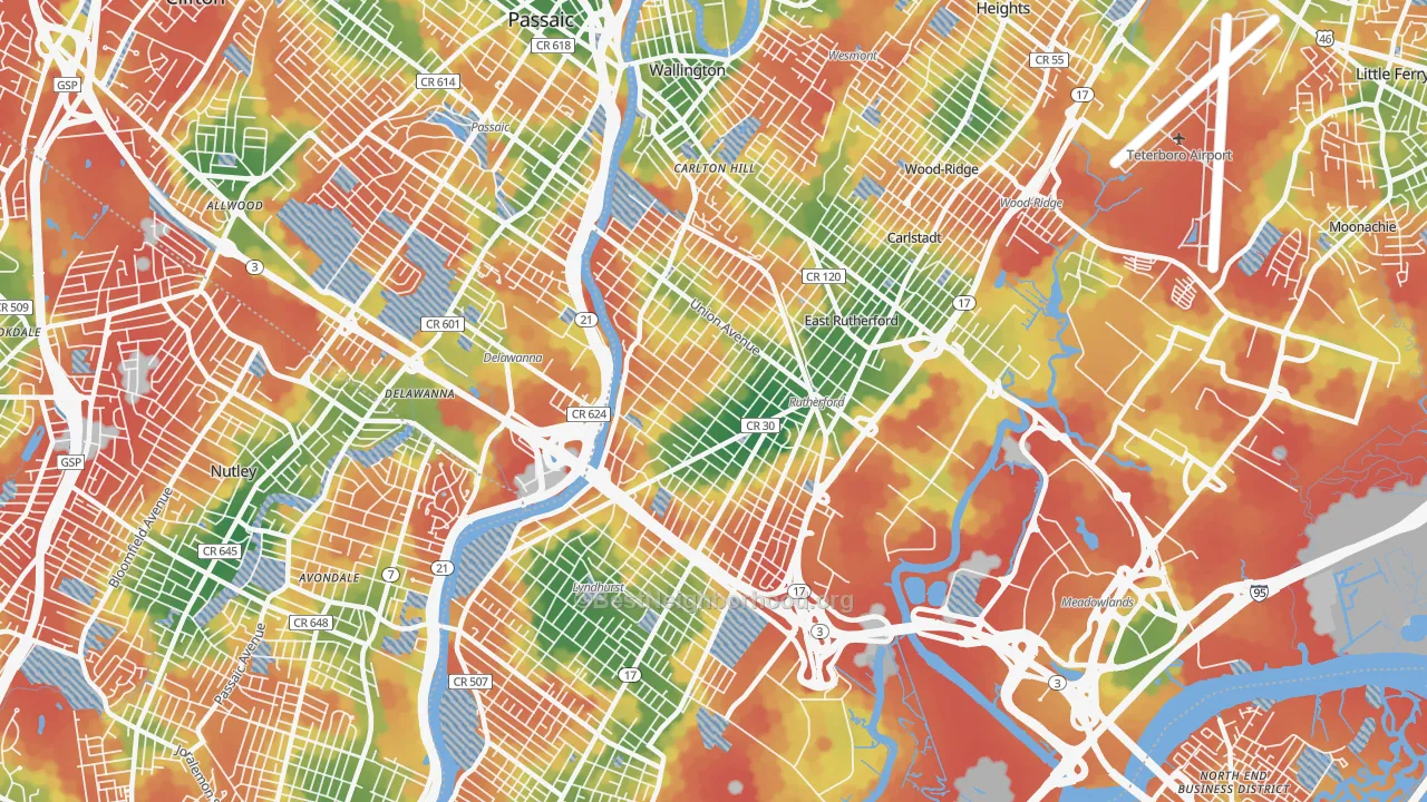 Walk Grade map of 07070, NJ, walkable areas in green and car-dependent areas in red