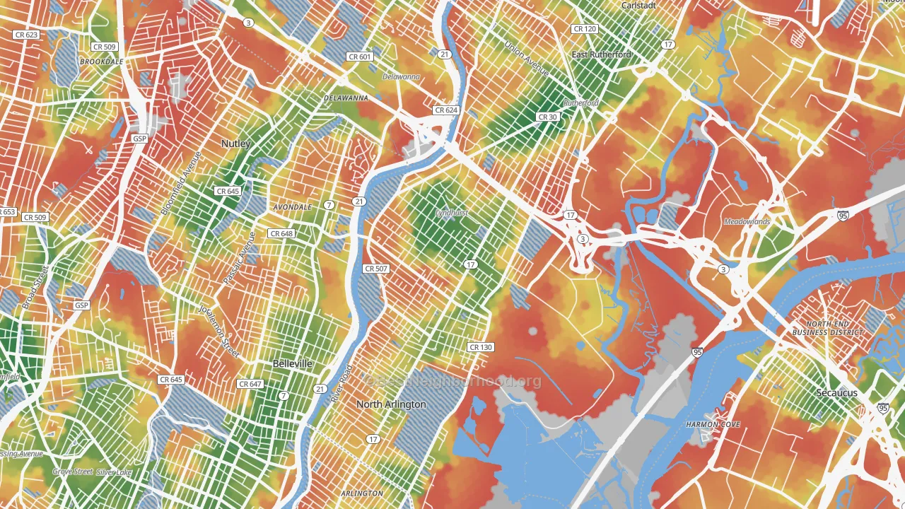 Walk Grade map of 07071, NJ, walkable areas in green and car-dependent areas in red