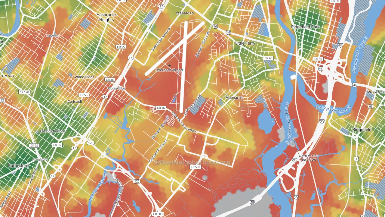 Walk Grade map of 07074, NJ, walkable areas in green and car-dependent areas in red