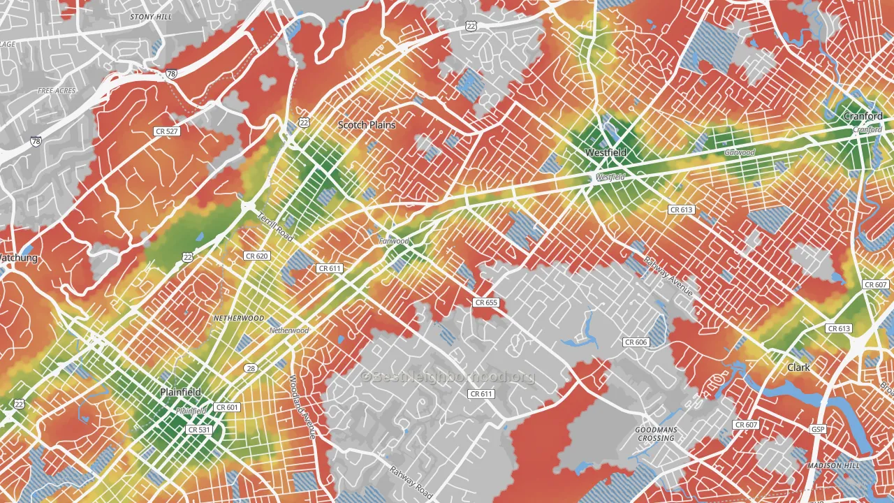 Walk Grade map of 07076, NJ, walkable areas in green and car-dependent areas in red