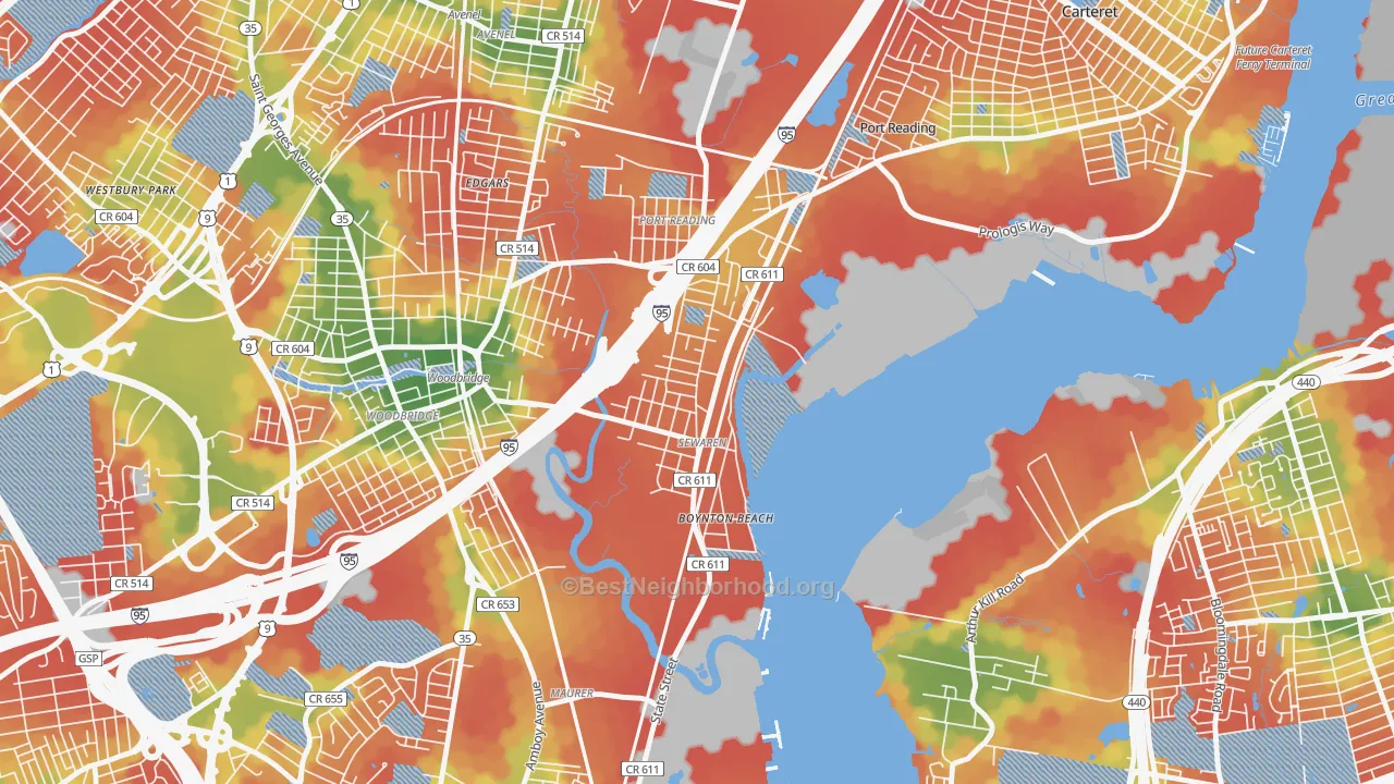 Walk Grade map of 07077, NJ, walkable areas in green and car-dependent areas in red