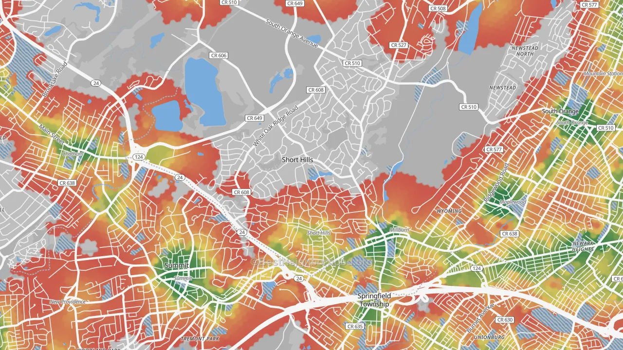 Walk Grade map of 07078, NJ, walkable areas in green and car-dependent areas in red