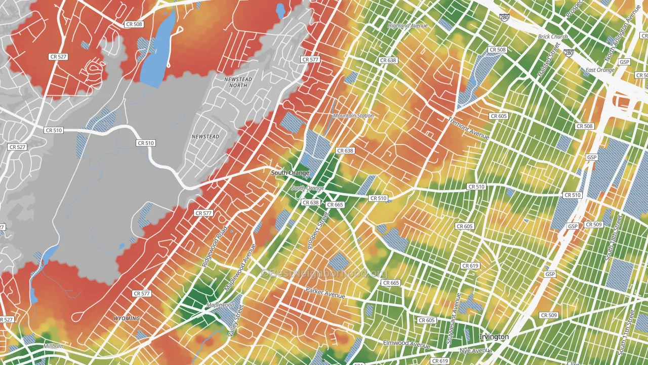 Walk Grade map of 07079, NJ, walkable areas in green and car-dependent areas in red