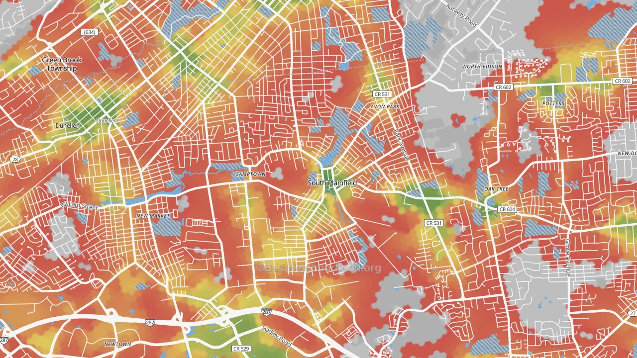 Walk Grade map of 07080, NJ, walkable areas in green and car-dependent areas in red