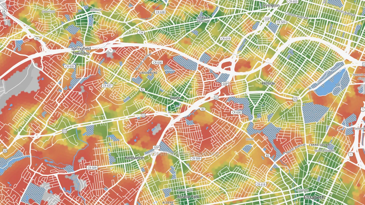 Walk Grade map of 07083, NJ, walkable areas in green and car-dependent areas in red
