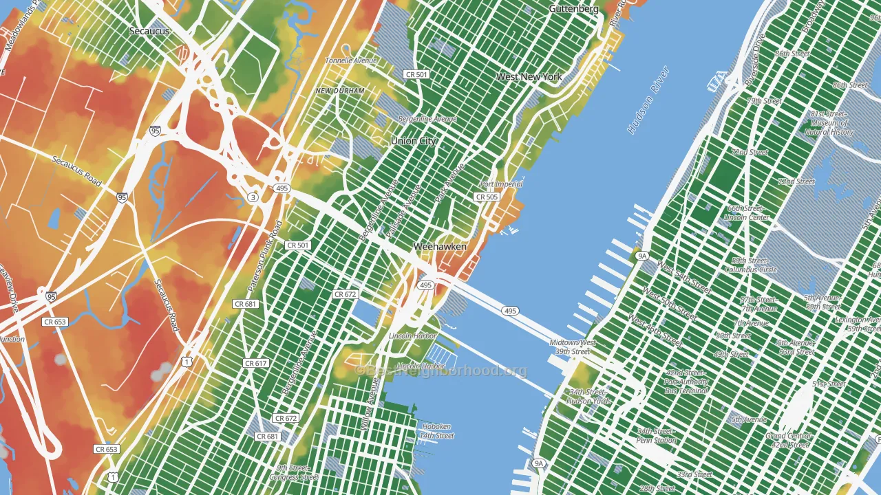 Walk Grade map of 07086, NJ, walkable areas in green and car-dependent areas in red
