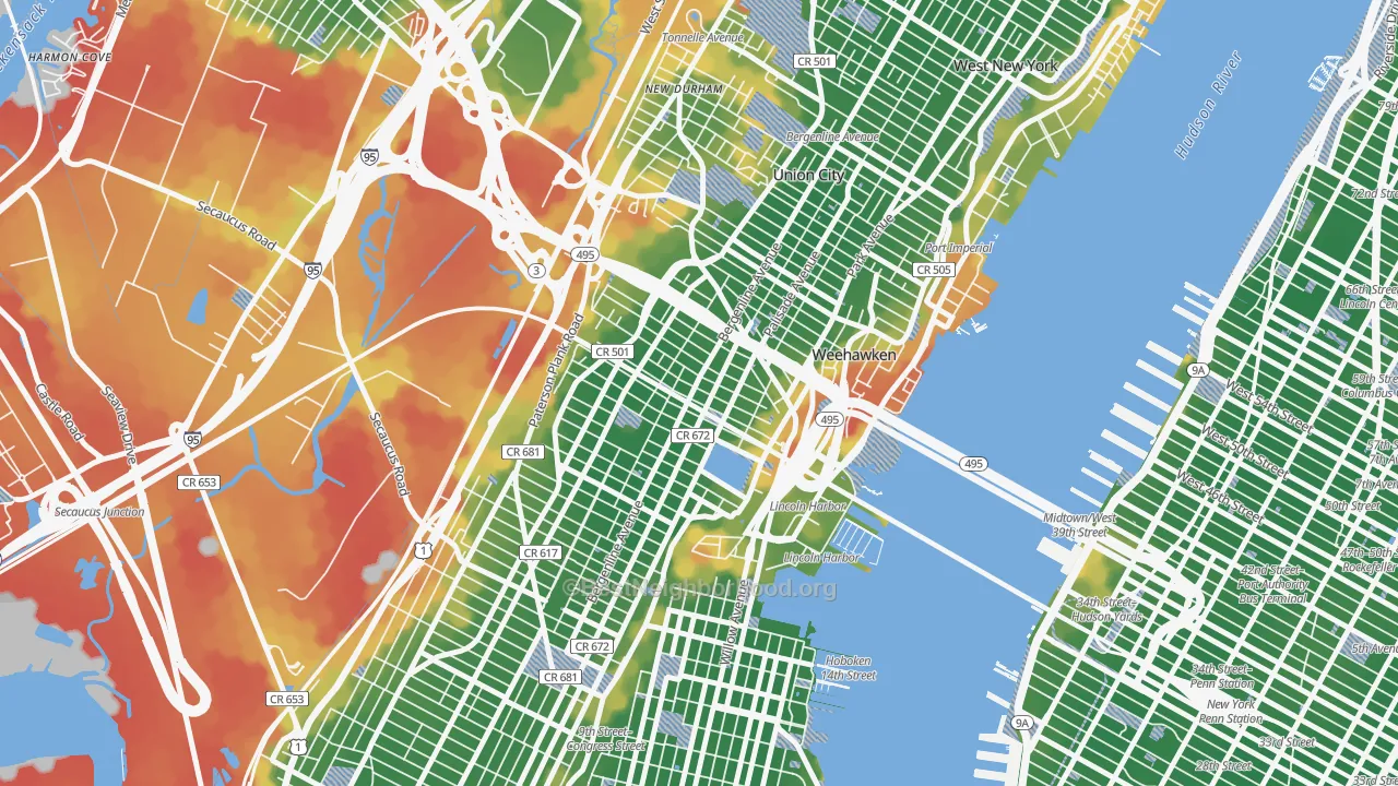Walk Grade map of 07087, NJ, walkable areas in green and car-dependent areas in red