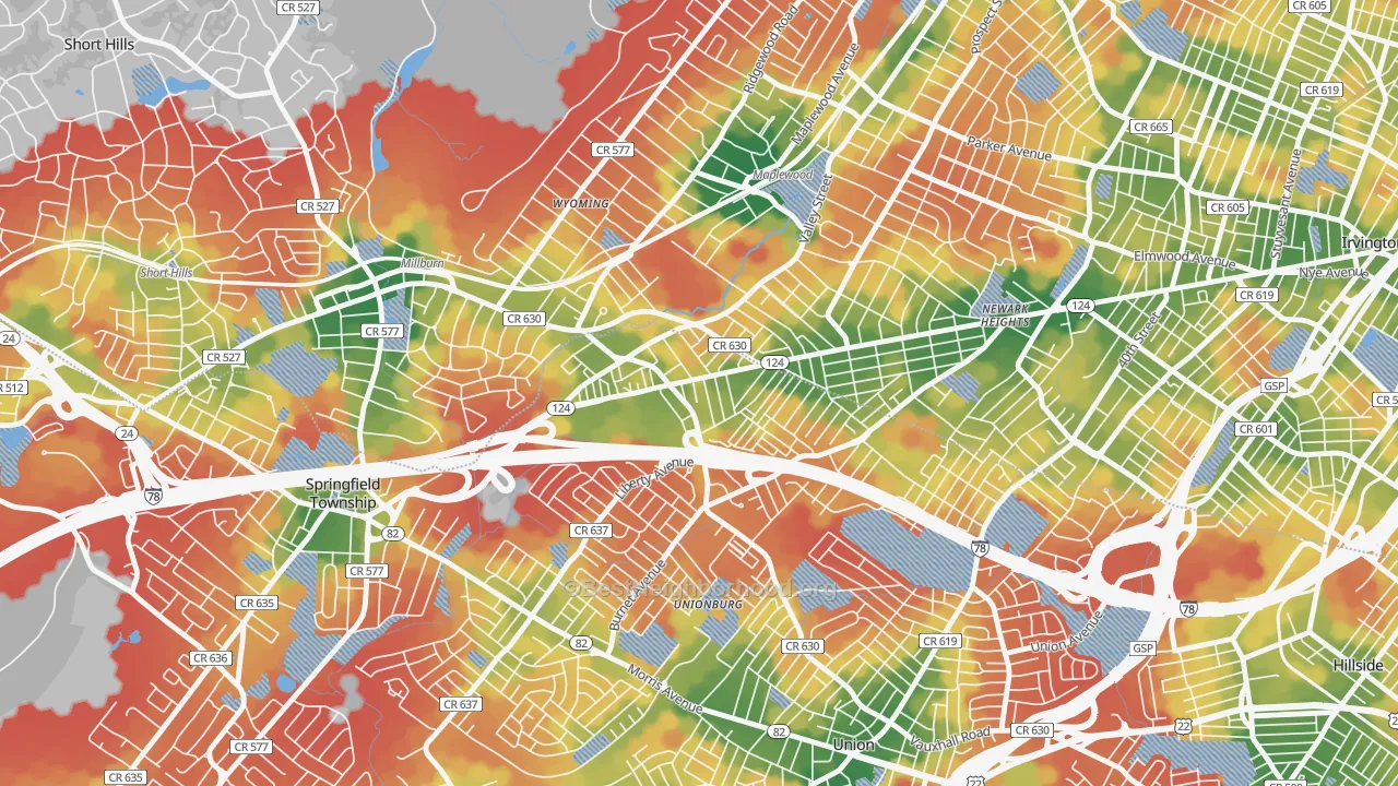 Walk Grade map of 07088, NJ, walkable areas in green and car-dependent areas in red