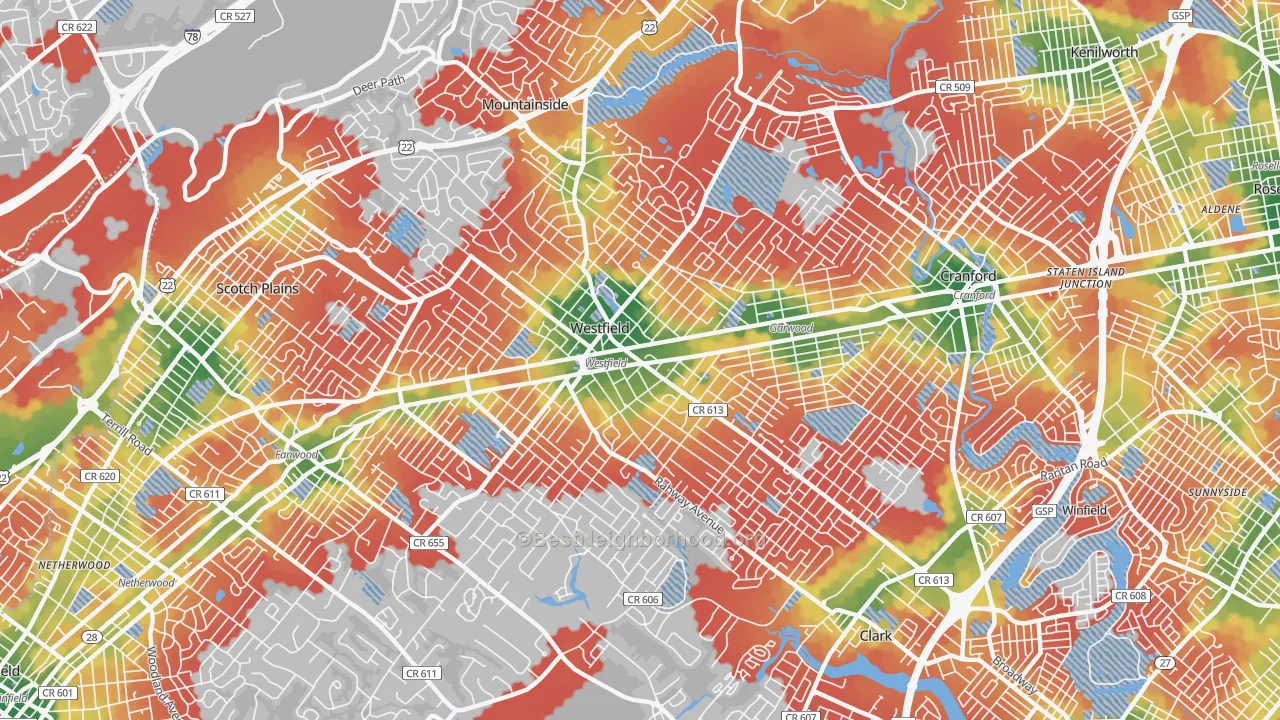 Walk Grade map of 07090, NJ, walkable areas in green and car-dependent areas in red