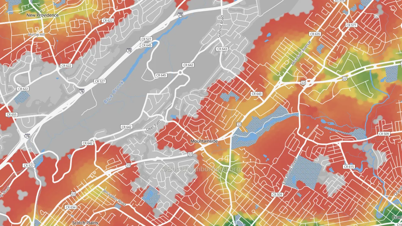 Walk Grade map of 07092, NJ, walkable areas in green and car-dependent areas in red