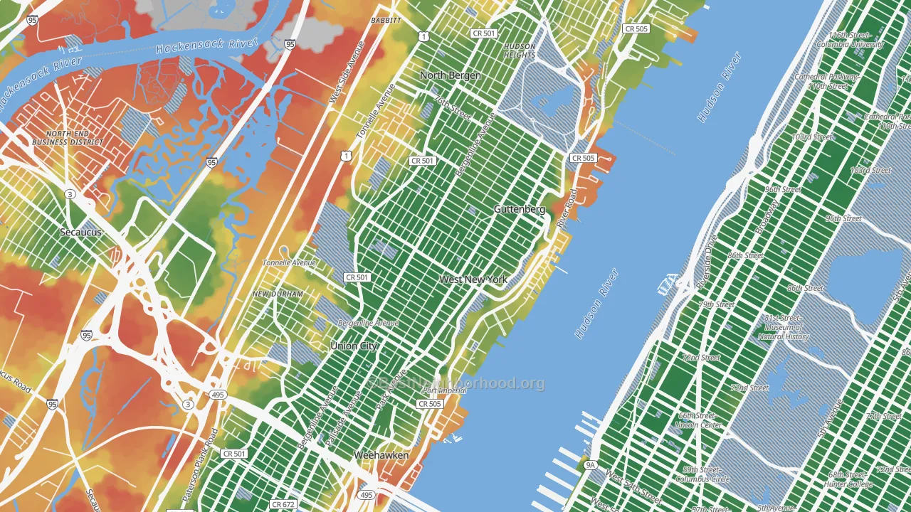 Walk Grade map of 07093, NJ, walkable areas in green and car-dependent areas in red