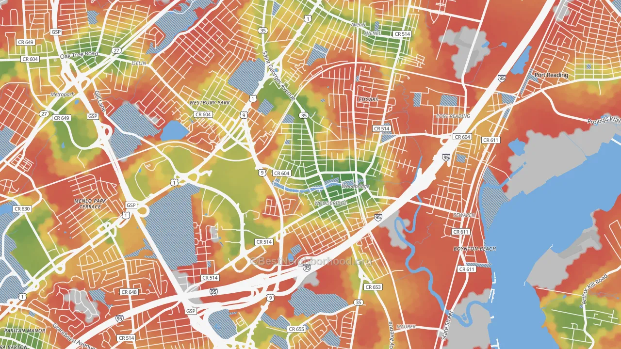 Walk Grade map of 07095, NJ, walkable areas in green and car-dependent areas in red