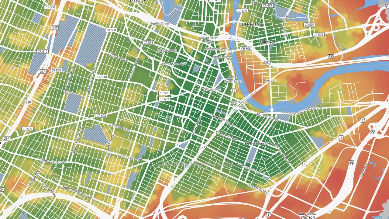 Walk Grade map of 07102, NJ, walkable areas in green and car-dependent areas in red