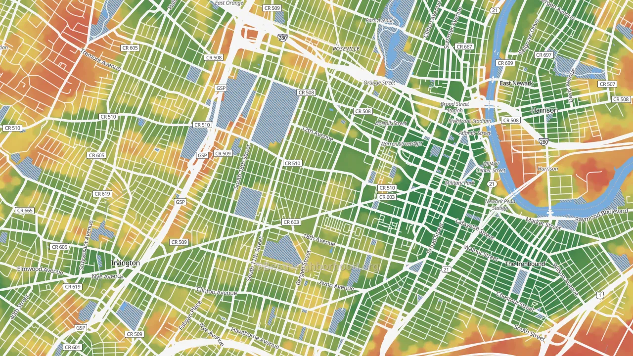 Walk Grade map of 07103, NJ, walkable areas in green and car-dependent areas in red