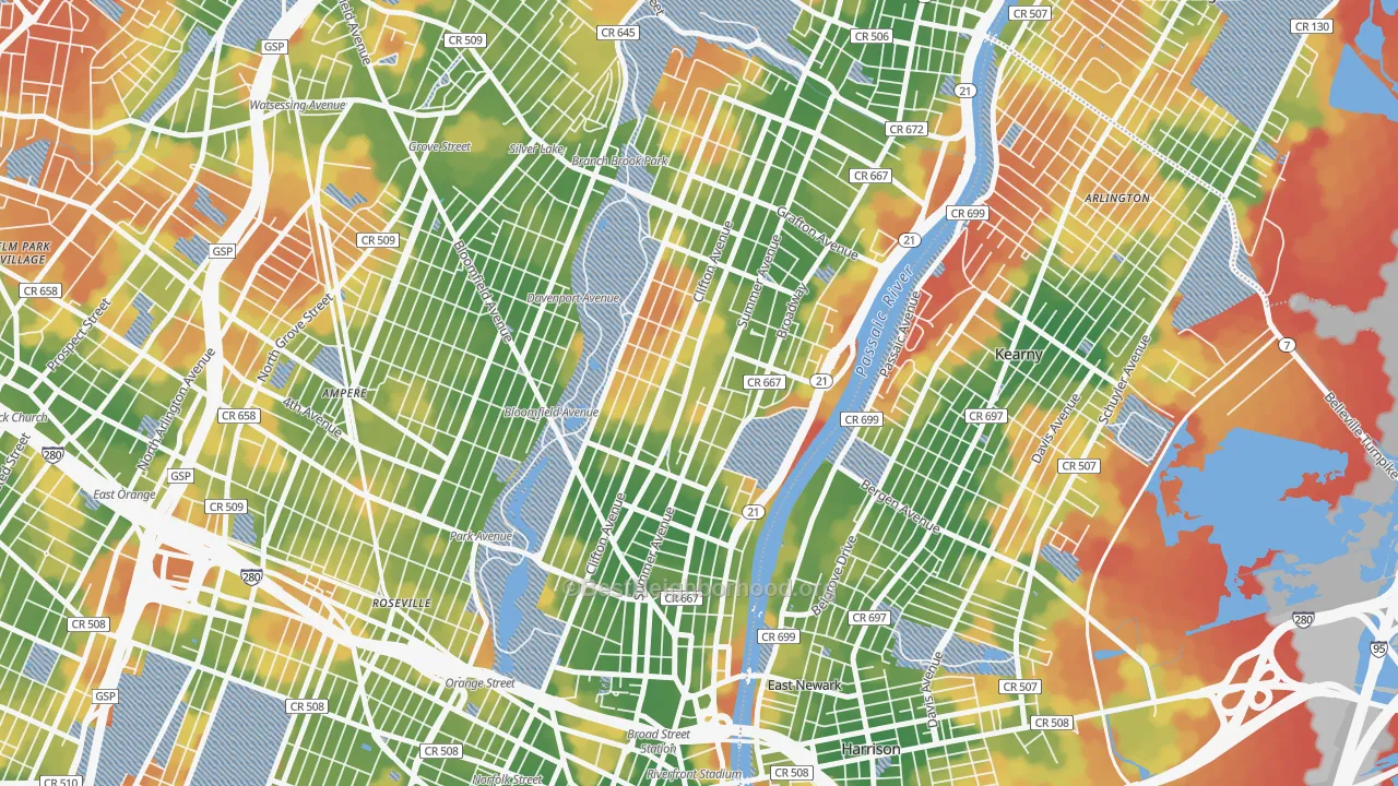 Walk Grade map of 07104, NJ, walkable areas in green and car-dependent areas in red
