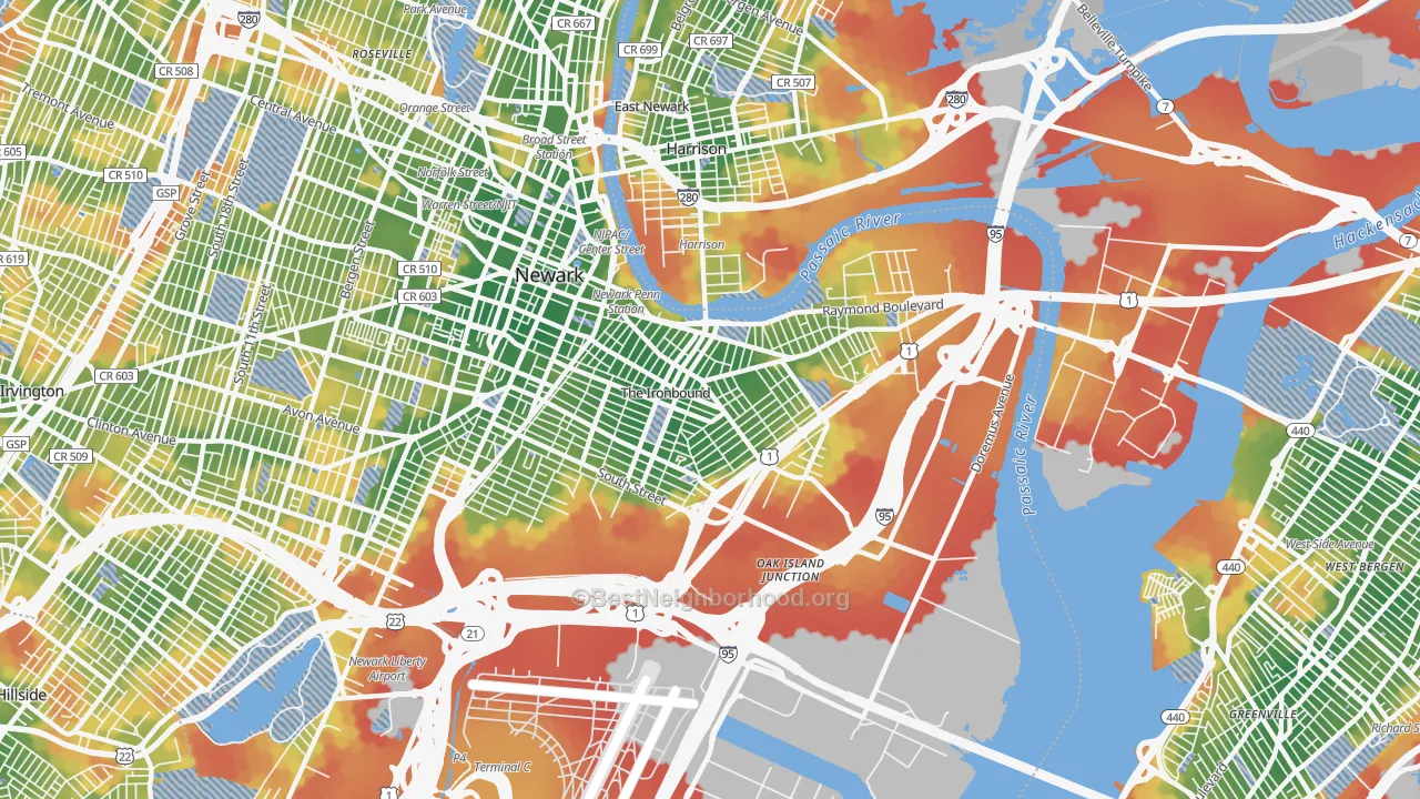 Walk Grade map of 07105, NJ, walkable areas in green and car-dependent areas in red