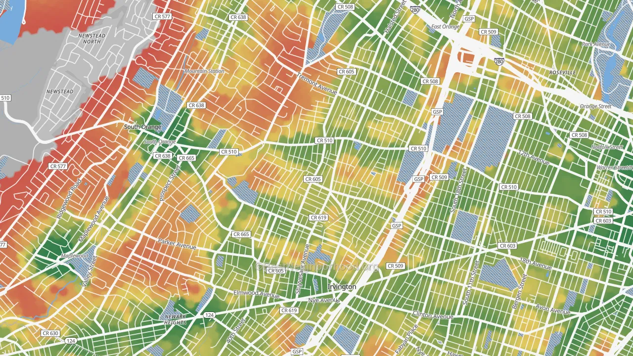 Walk Grade map of 07106, NJ, walkable areas in green and car-dependent areas in red