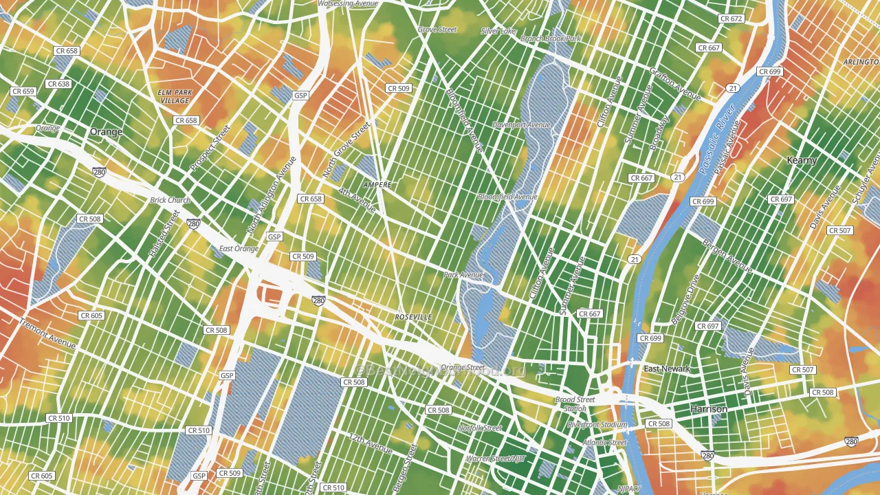 Walk Grade map of 07107, NJ, walkable areas in green and car-dependent areas in red