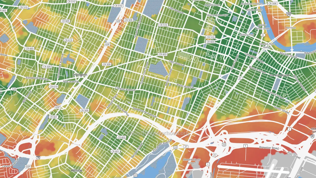 Walk Grade map of 07108, NJ, walkable areas in green and car-dependent areas in red