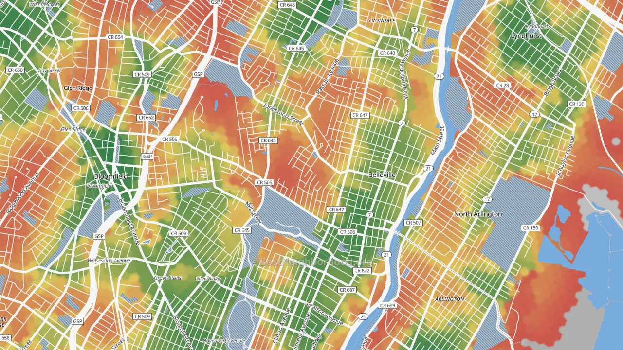 Walk Grade map of 07109, NJ, walkable areas in green and car-dependent areas in red