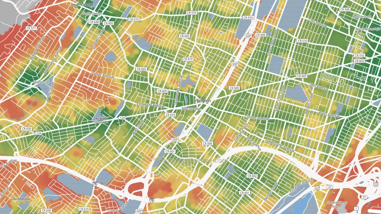 Walk Grade map of 07111, NJ, walkable areas in green and car-dependent areas in red