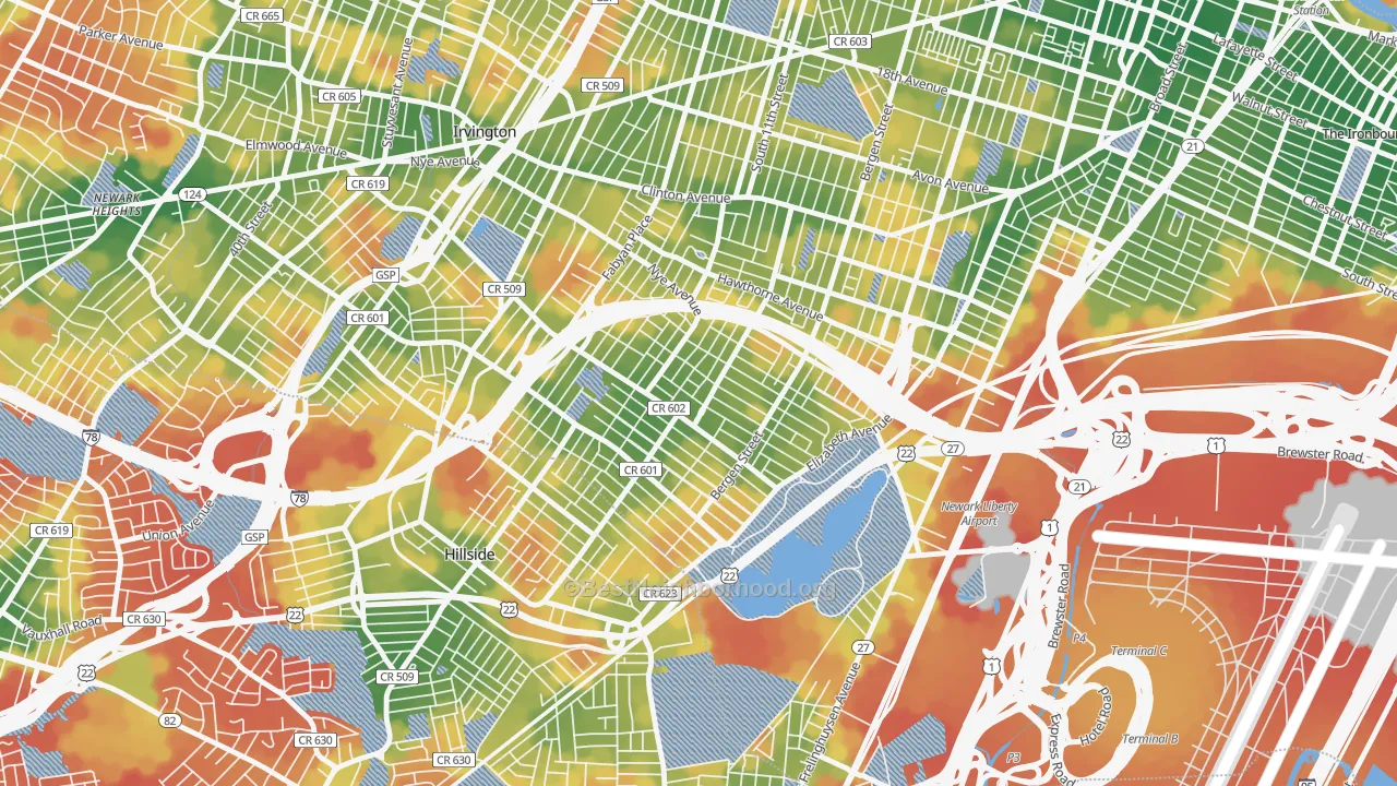 Walk Grade map of 07112, NJ, walkable areas in green and car-dependent areas in red