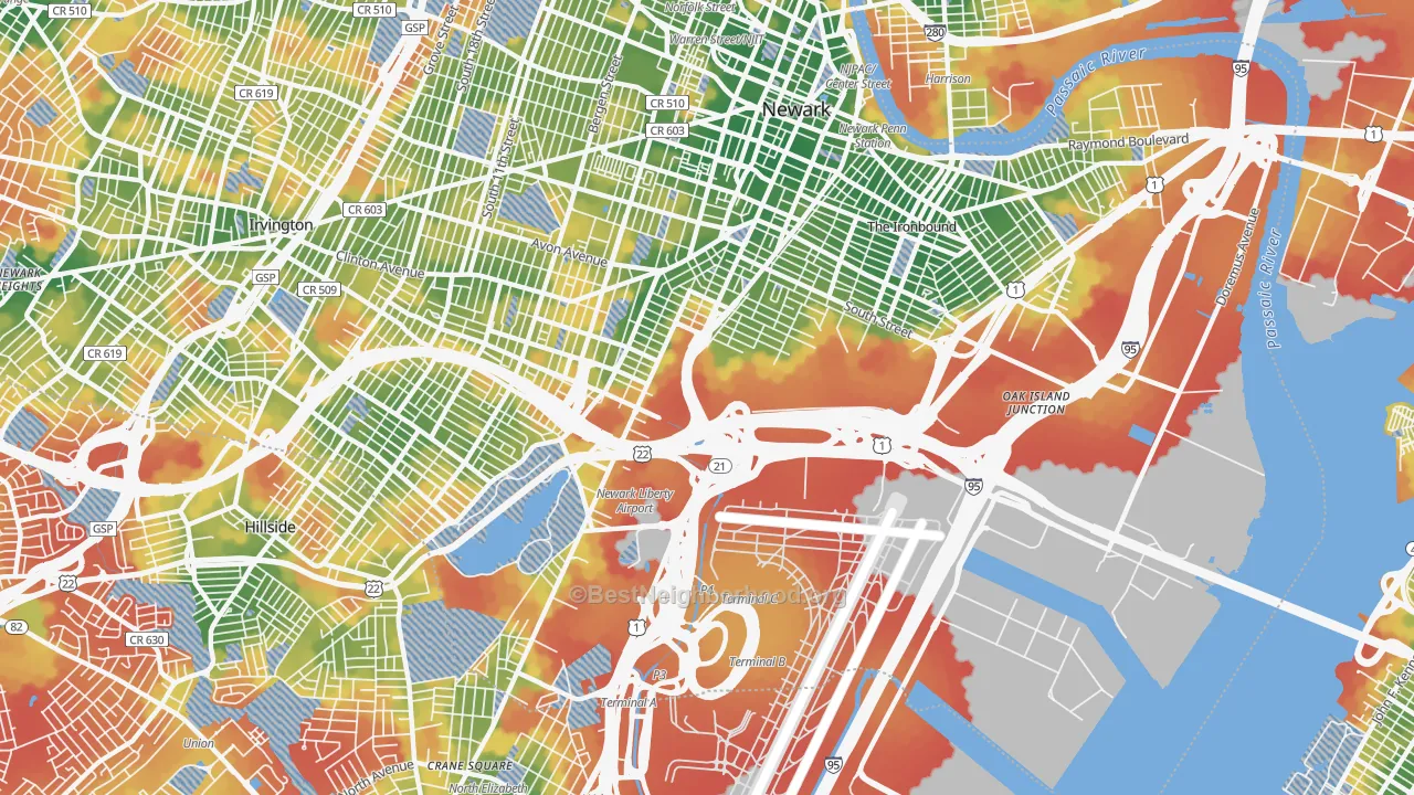 Walk Grade map of 07114, NJ, walkable areas in green and car-dependent areas in red