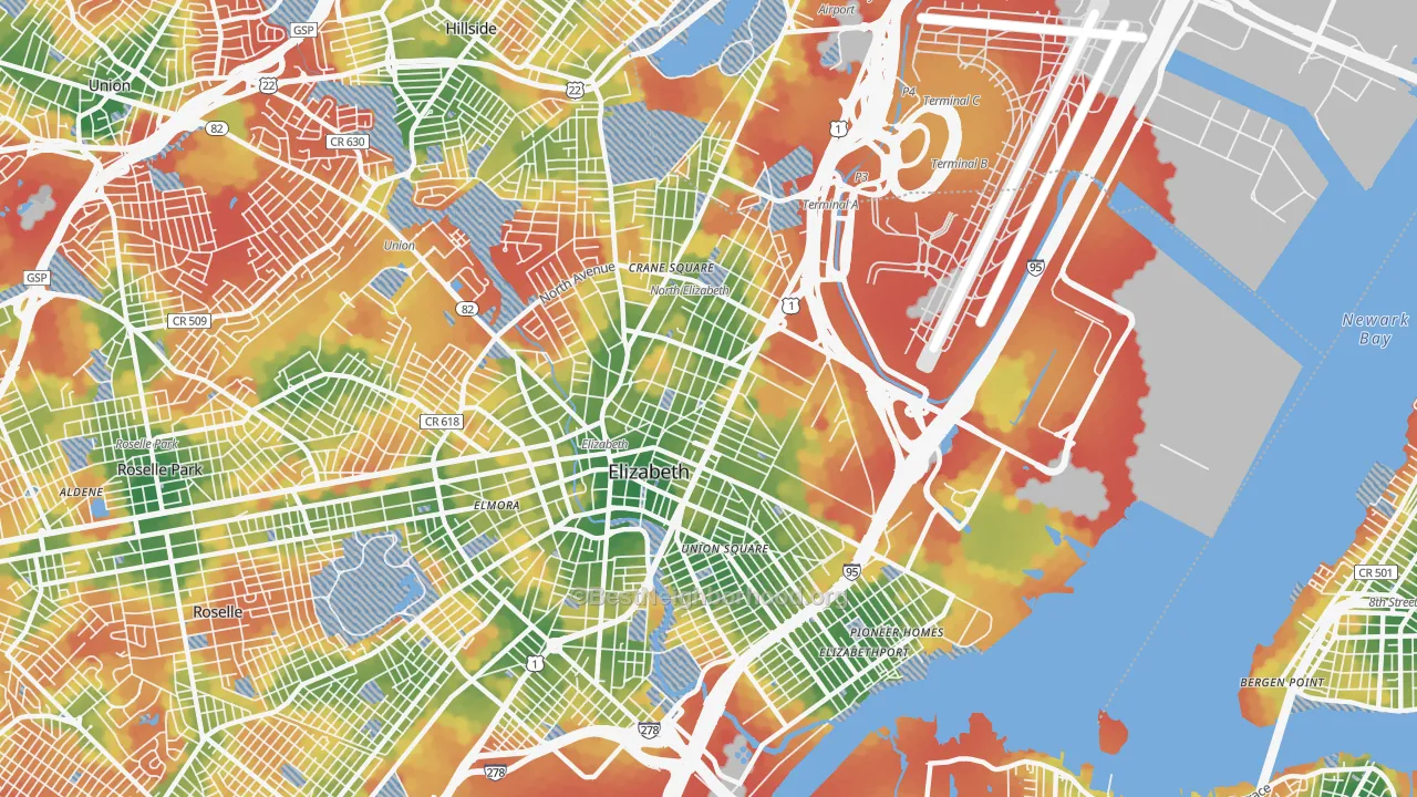 Walk Grade map of 07201, NJ, walkable areas in green and car-dependent areas in red