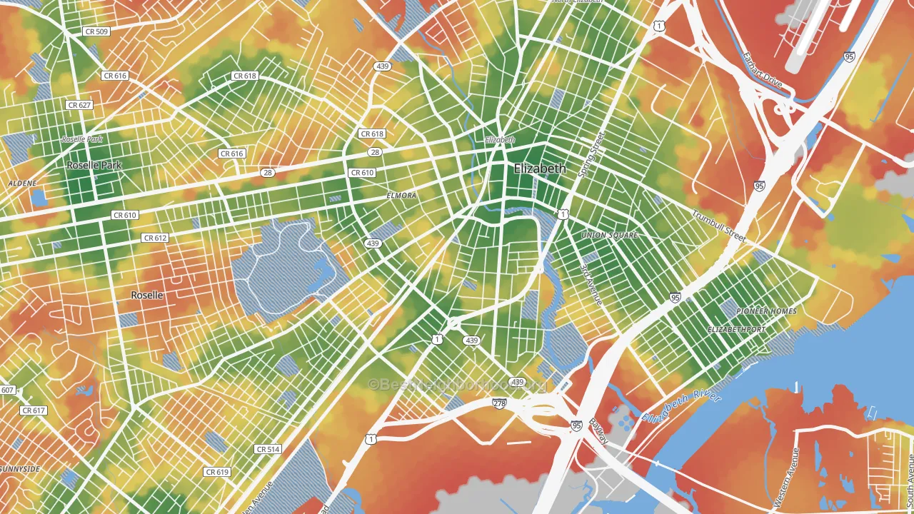 Walk Grade map of 07202, NJ, walkable areas in green and car-dependent areas in red