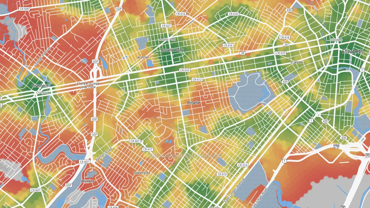 Walk Grade map of 07203, NJ, walkable areas in green and car-dependent areas in red