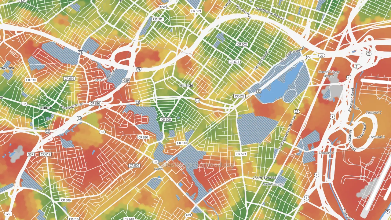 Walk Grade map of 07205, NJ, walkable areas in green and car-dependent areas in red