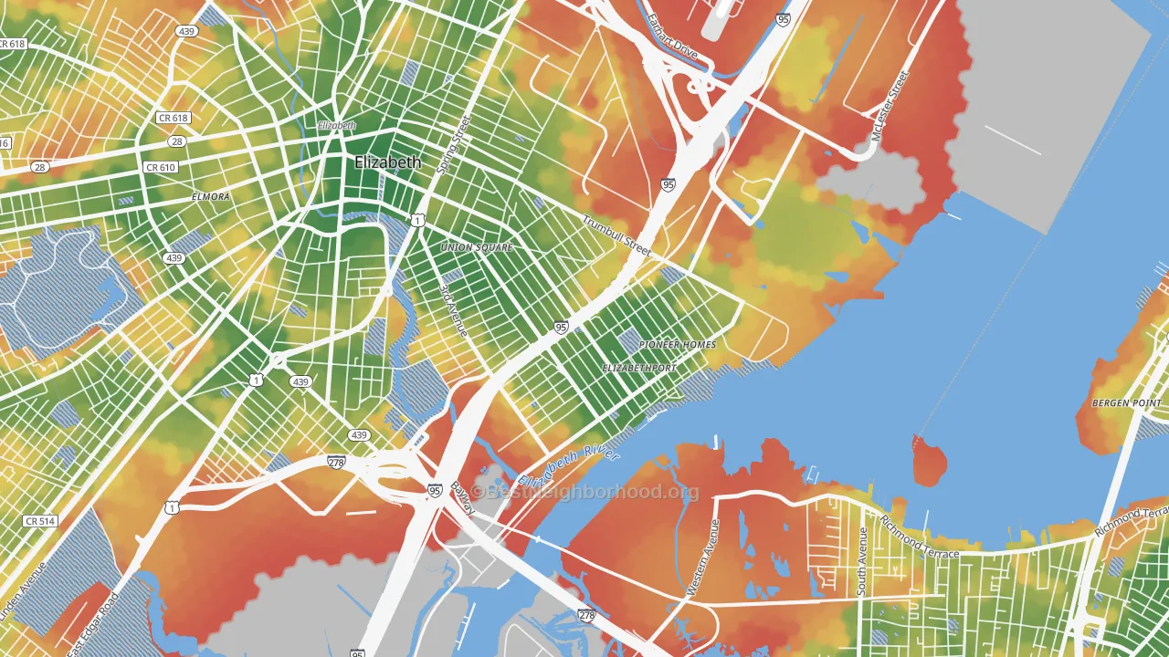 Walk Grade map of 07206, NJ, walkable areas in green and car-dependent areas in red